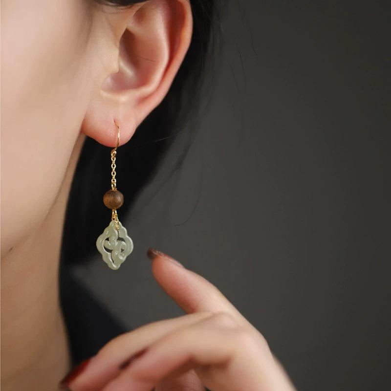 Handmade Chinese-Style Hetian Jade & Agarwood Earrings with Ear Hooks - Versatile Design for Women
