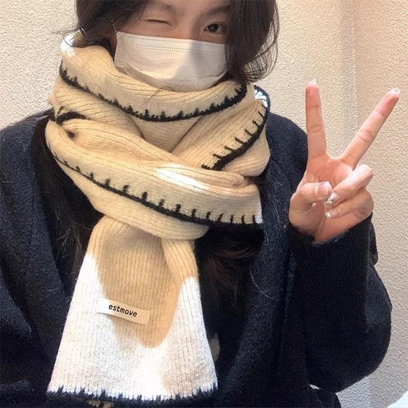 Korean Contrast Knitted Scarf Winter Keeping Warm Fashion Retro Versatile Scarf