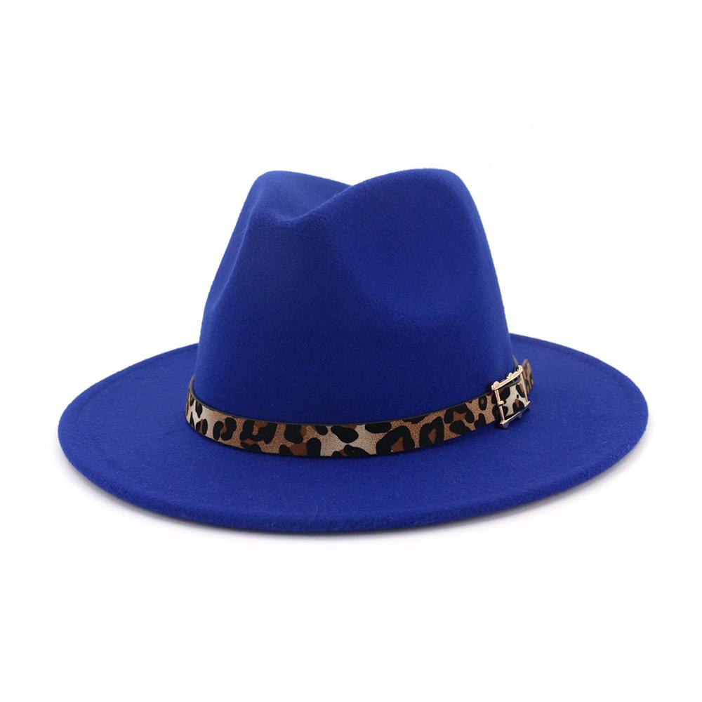 19 Color Women'S Wide Brim Felt Fedora Panama Hat With Leopard Belt Buckle Party Trilby Cowboy Hat Fashion Jazz Cap
