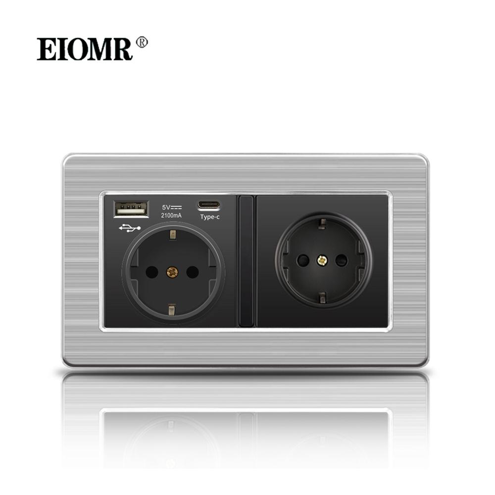 EIOMR 16A Black EU Standard Wall Sockets and Switches Stainless Steel Panel with Children Protective Door with USB Power Outlet