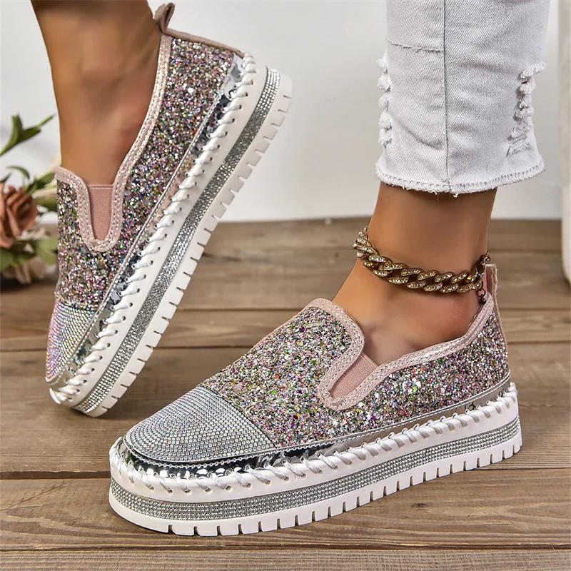 2024 New Sneakers Women Casual Shoes Fashion Rhinestone Crystal Platform Slip-on Women Flats Luxury Comfortable Women Sneakers