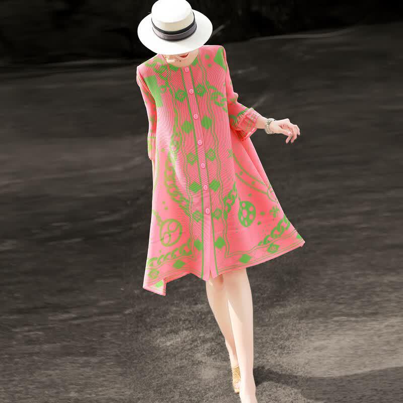 Elegant Pleated Print Midi Dress One Size