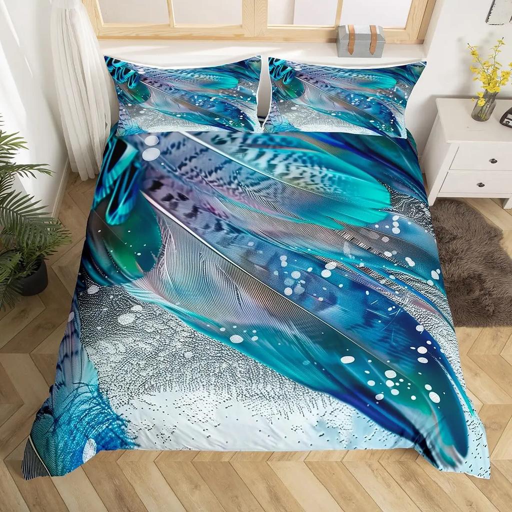 Peacock Feather Print Duvet Cover Set Queen Twin Bird Feathers Element Bedding Set Wild Animals Comforter Cover for Girls Teens