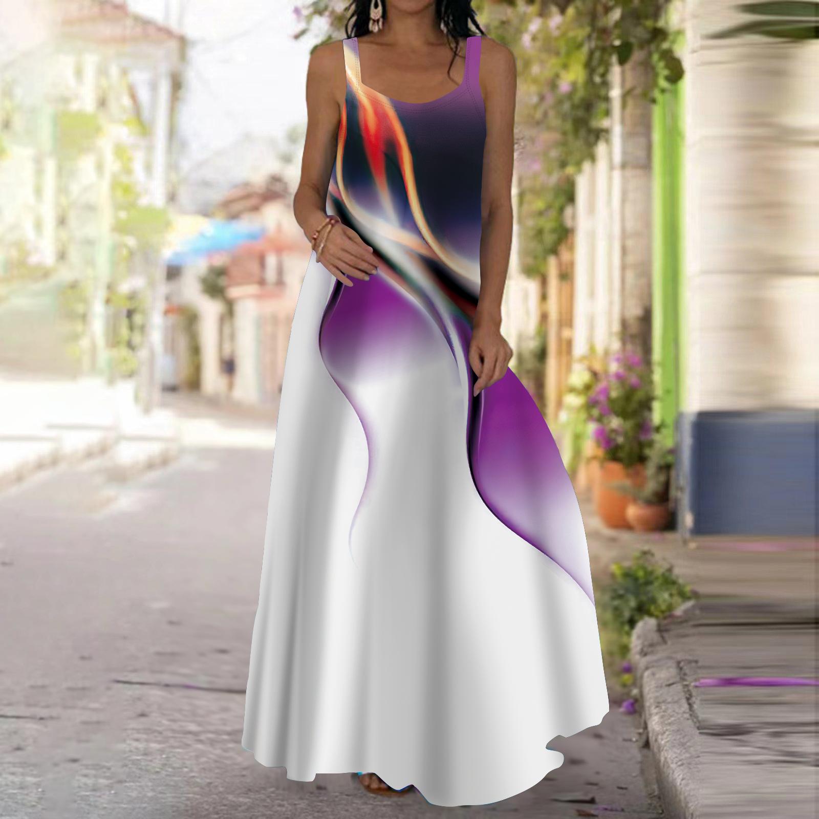 

Женское платье-комбинация Длинное платье макси Красочное платье с принтом «Аврора» Весна и лето с V-образным вырезом Для отдыха и отпуска 5XL фиолетовый