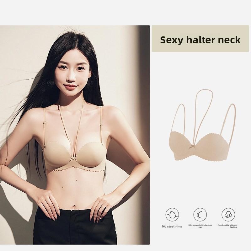 

Female Spring and Summer Sexy Thin Shoulder Belt Hang Neck Gather To Prevent Drooping To Receive Pair of Milk Underwear 38/85AB тілесний