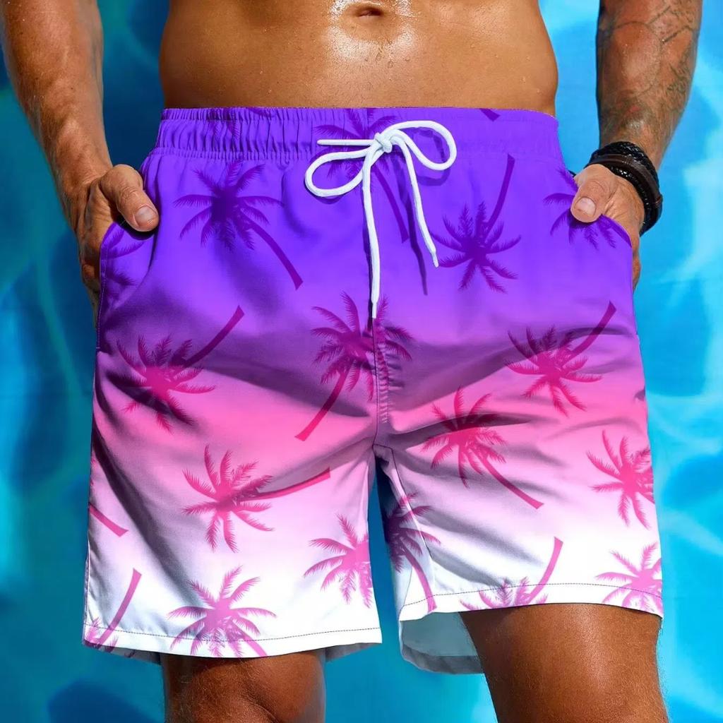 Drawstring Men's Beach Short Men's Swim Trunks Elastic Waist 3D Print Palm Tree Gradient Breathable Short Streetwear Polyster