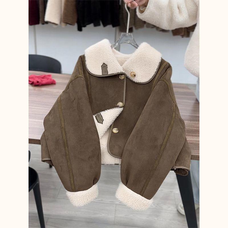 

Женское ретро-пальто из коричневой кожи и меха 2024 года: Утепленная цельная зимняя куртка на флисовой подкладке XL for 120-130 lbs