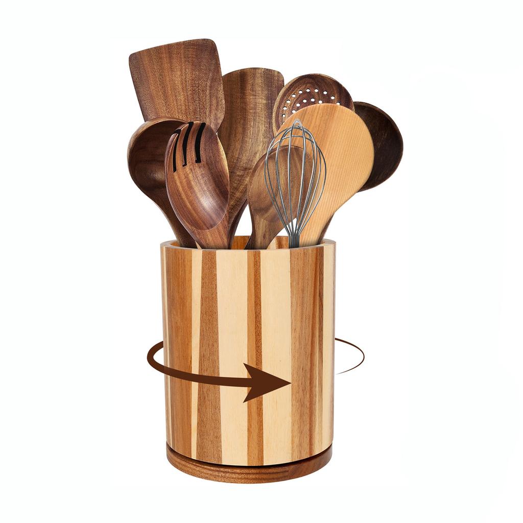 360° Rotating Wooden Utensil Holder Cooking Utensil Crock Waterproof Kitchen Cutlery Organizer for Countertop Utensil Holder