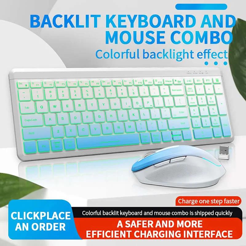RGB-Hintergrundbeleuchtung, leises kabelloses Tastatur- und Maus-Set, 2,4 GHz Dual-Modus, wiederaufladbares kabelloses Tastatur-Maus-Set für Desktop/Laptop