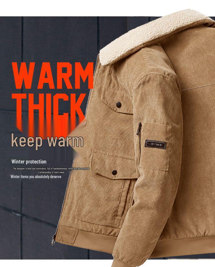 Men's 2025 Korean Style Corduroy Cotton Jacket with Lambswool Fleece Lining and Large Pockets