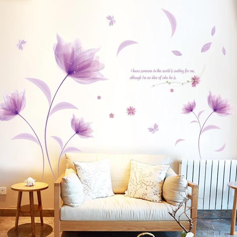 Neue Romantische Lila Blumen Wand Aufkleber Liebe Wohnzimmer Schlafzimmer für Home Decor Kunst Aufkleber Hintergrund Aufkleber Tapete Dekoration