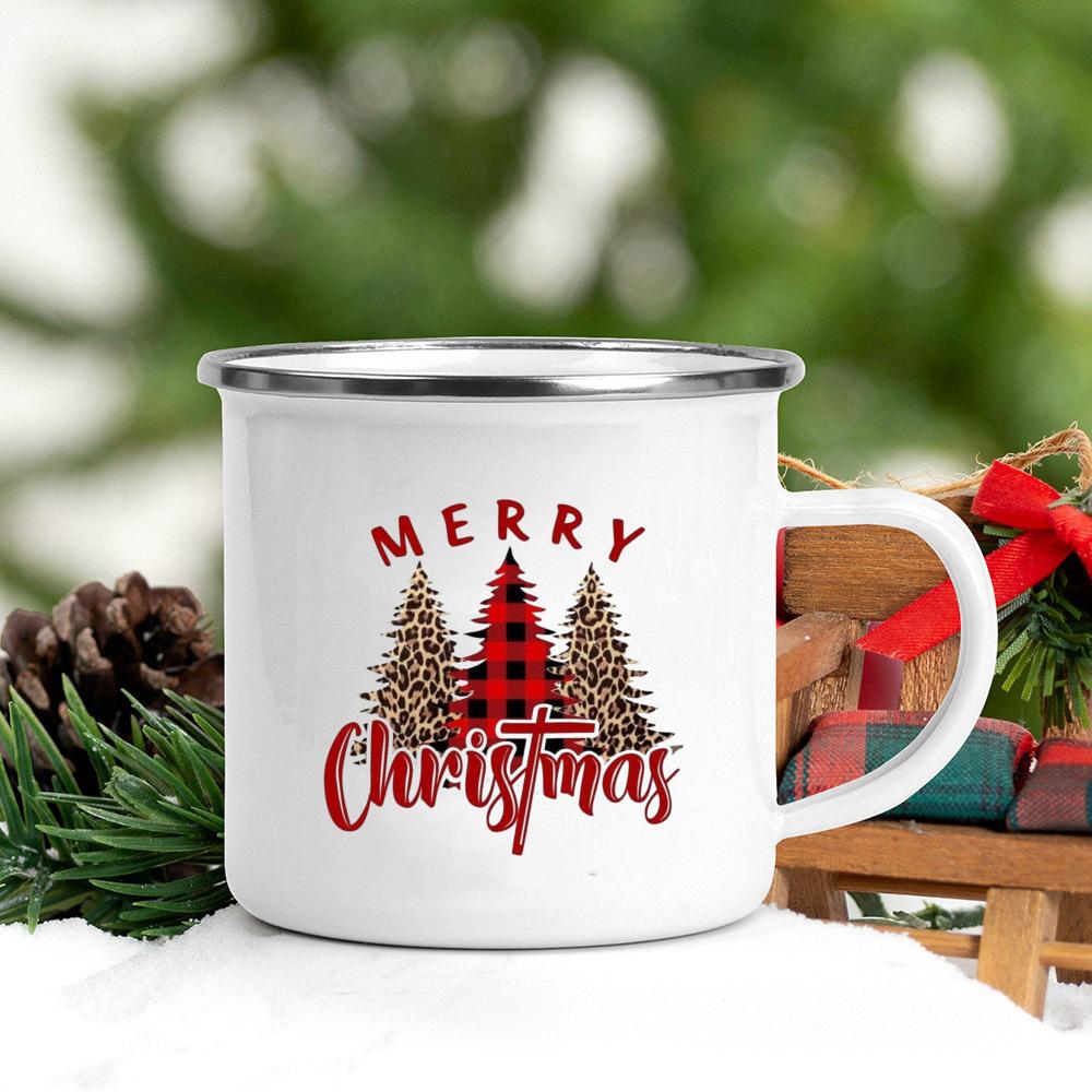 Christmas Tree Deer Truck Print Enamel Mugs Coffee Cups Christmas Party Dessert Hot Cocoa Chocolate Cup Gifts for Friends Family