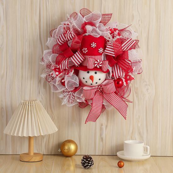 Christmas Snowman Wreath for Front Door Light Up Red/Blue Mesh Ribbon Candy Cane Wreath with Snowman Doll for Winter Home Wall Decor