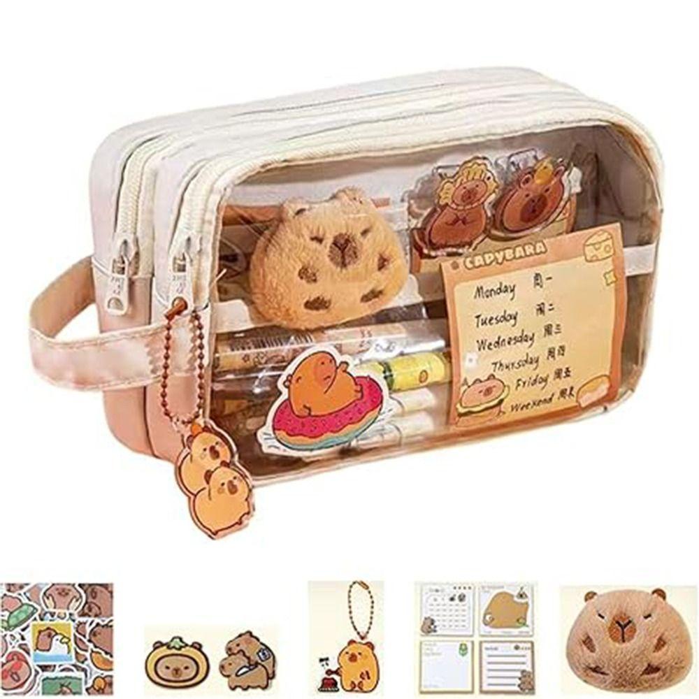 Creative Capybara Pen Case 5 Layers Large Capacity Cartoon Pencil Box with Front Pocket Cute Capybara Pen Holder School Supplies