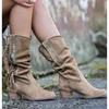Autumn Bohemian Boots Women Ethnic Tassel Fringe Faux Suede Leather Mid Half Boots Woman Square Heel Shoe Booties Rtg5