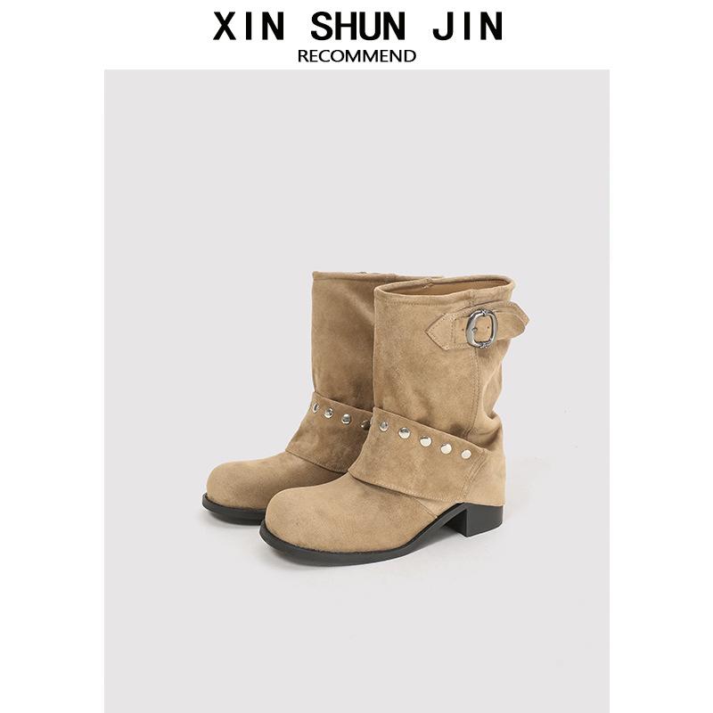 Spice Girls Pants Boots Women's 2025 Rivet Pleated Pile Boots Black Western Cowboy Boots Short Belt Buckle Martin Boots