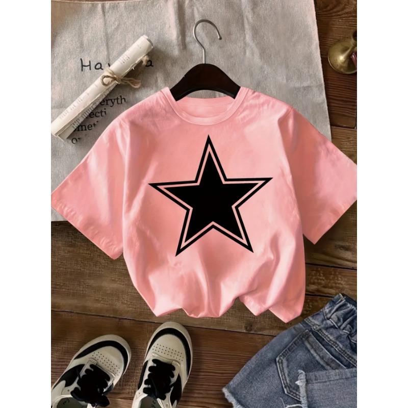 2026 Kids Pure Cotton Round Neck Short-Sleeve Top Star Patterned Printed T-shirt Y2K Trendy Girls' Summer T-shirt Girls Clothing