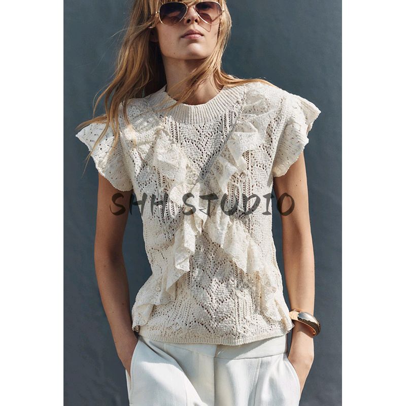 Spring and Summer New Women's Clothing Round Neck Short Sleeve Laminated Decoration Jacquard Mesh Fabric Knitting Tops 6236110