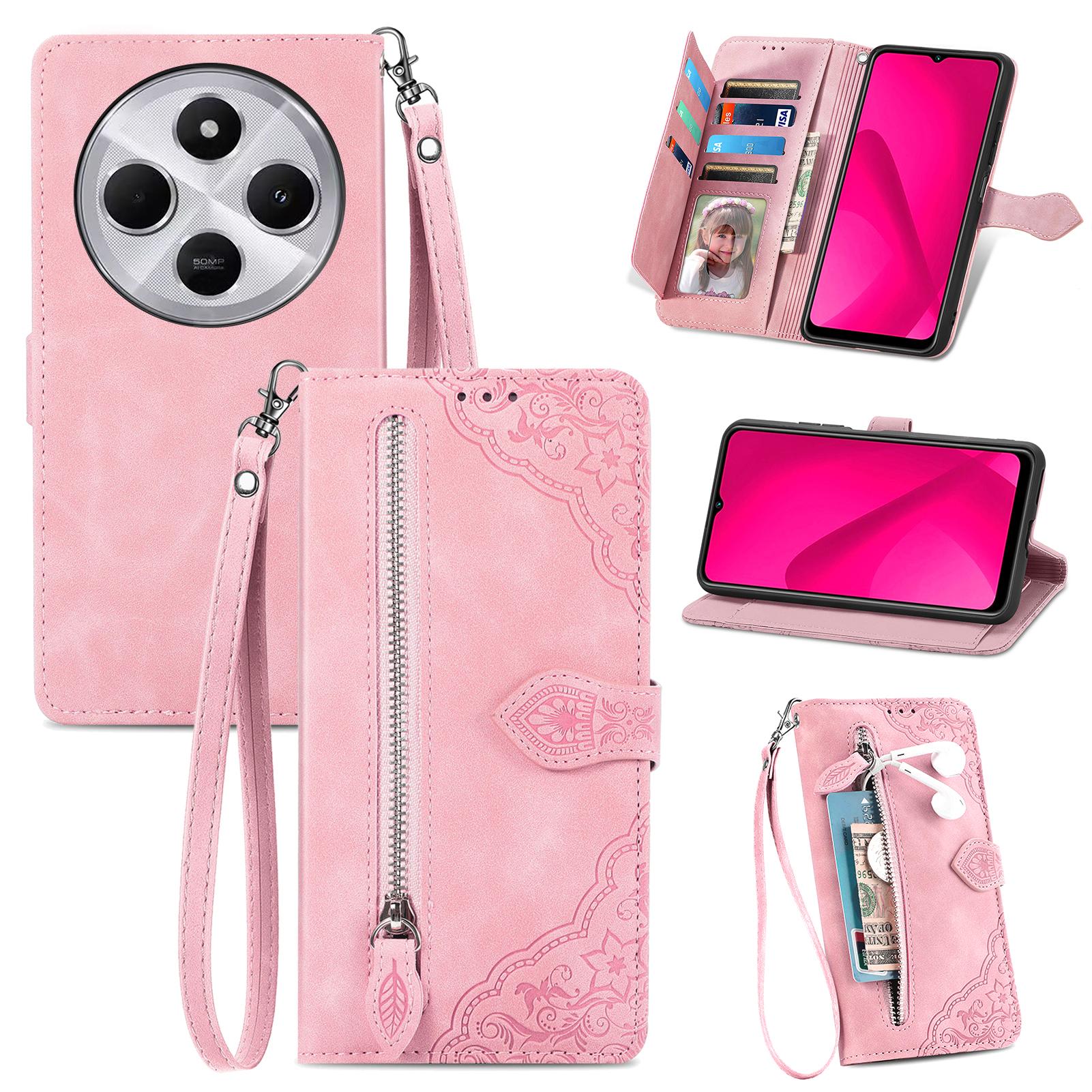 

Zipper Wallet Case For Xiaomi Redmi 14C 4G/14R 5G/Poco C75 4G Flower Imprint PU Leather Phone Cover with Strap A