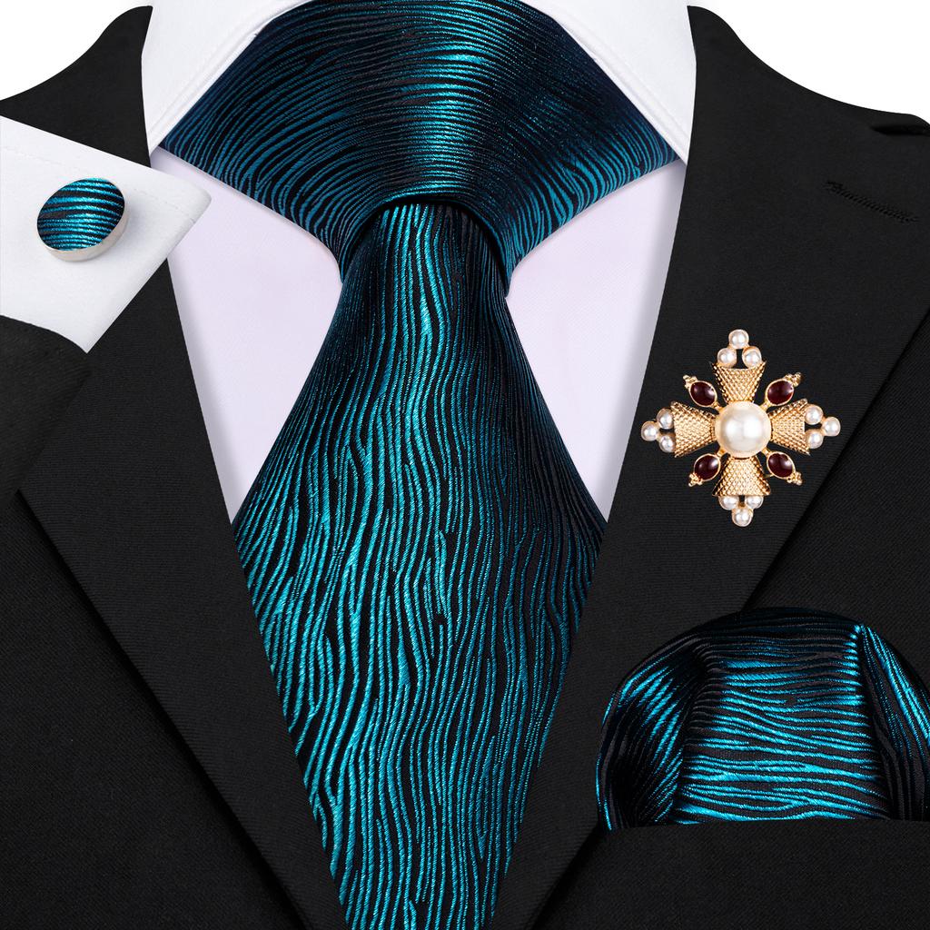 Pearl Brooch with Silk Tie for Men Vintage Floral Teal Necktie Hanky Cufflinks Gift Formal Set
