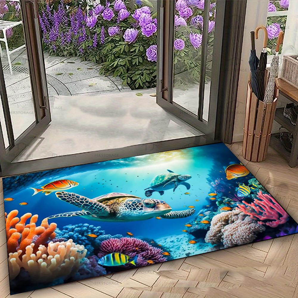 Lebendiger Meeresleben Fußmatte mit Meeresschildkröten und tropischen Fischen Rutschfester Boden Teppich für Eingang Heim Dekorative Matte