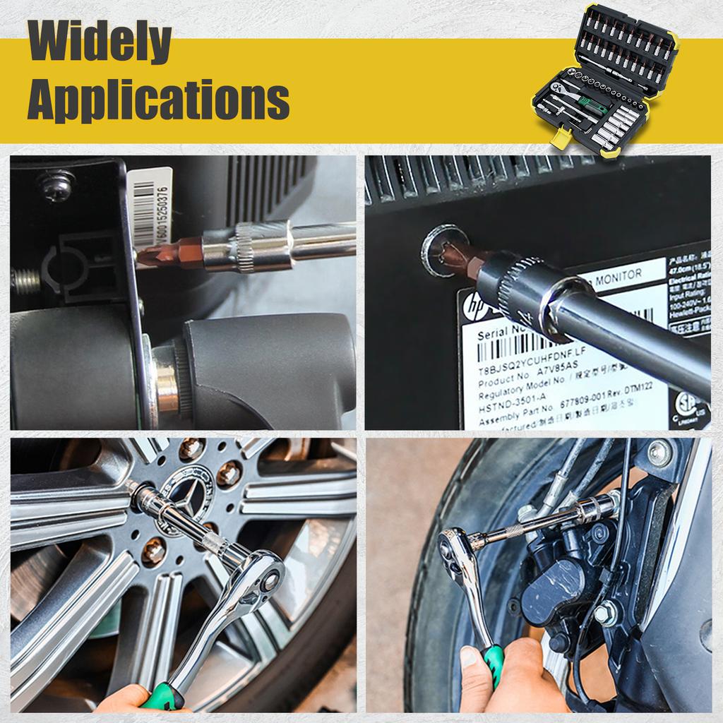 Socket Wrench Set 1/4" 24/72 Tooth Ratcheting Wrench Set with Extension Bar for Auto Repairing and Household, with Storage Case