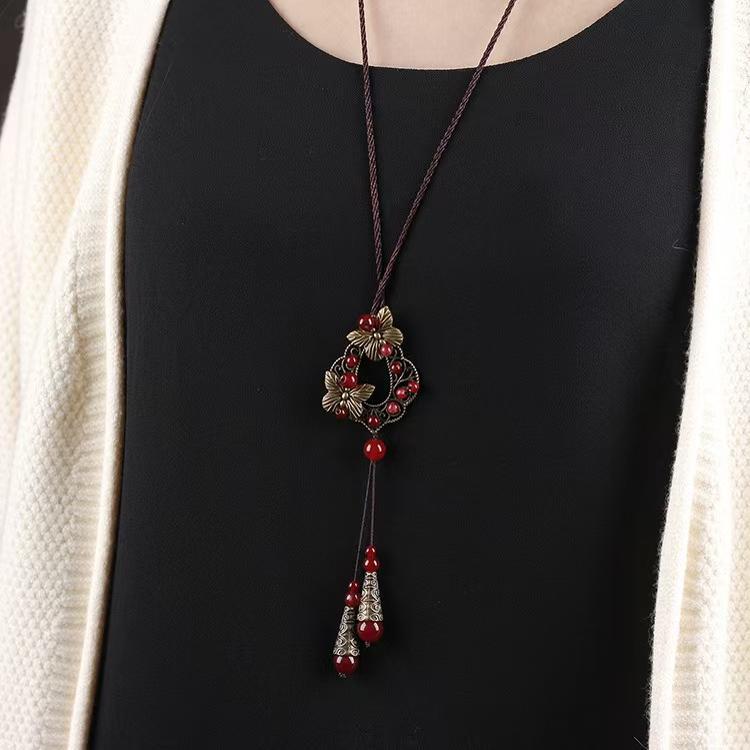 GEMCHIC Women s Vintage Butterfly Pendant Necklace Long Sweater Chain Boho Ethnic Style Red Bead Jewelry