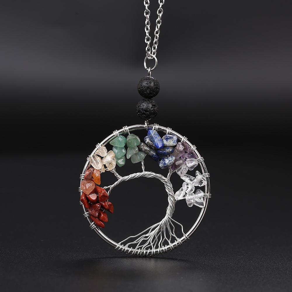 Natural Stone Agate Tree of Life Necklace with Crystal Volcanic Rock