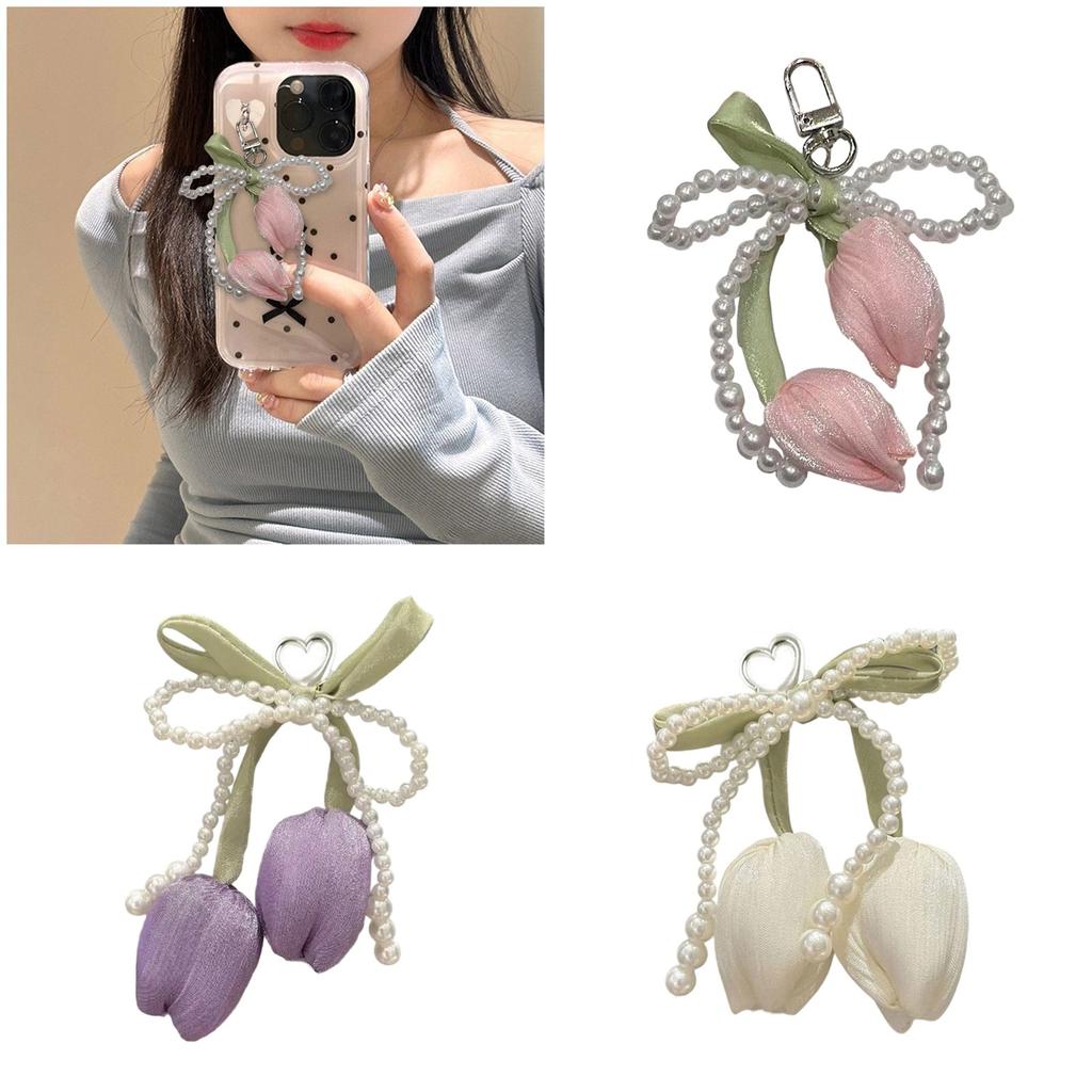Portachiavi Intrecciato Con Tulipani Perle Nappe Perlate Fiocco Charms Per Borsa Portamonete Zaino Decorazioni Accessori