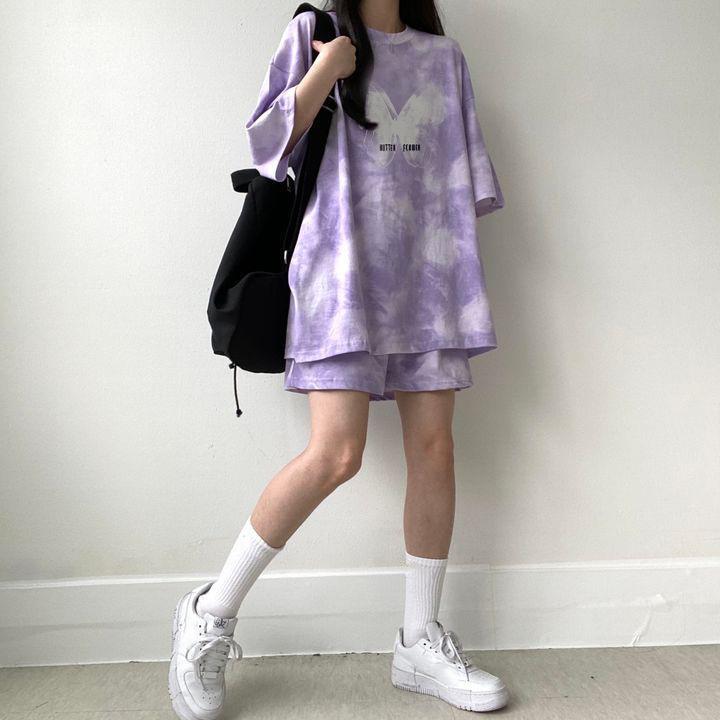 Women Summer Casual Sports Loose Short Sleeve Top & Shorts Butterfly Tie-dye Printed Cotton Outfit Two Piece Clothes Set