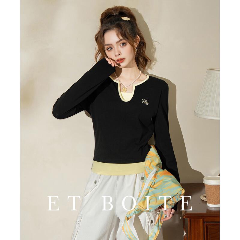 Women s Faux Two-Piece Long Sleeve Contrast T-shirt L