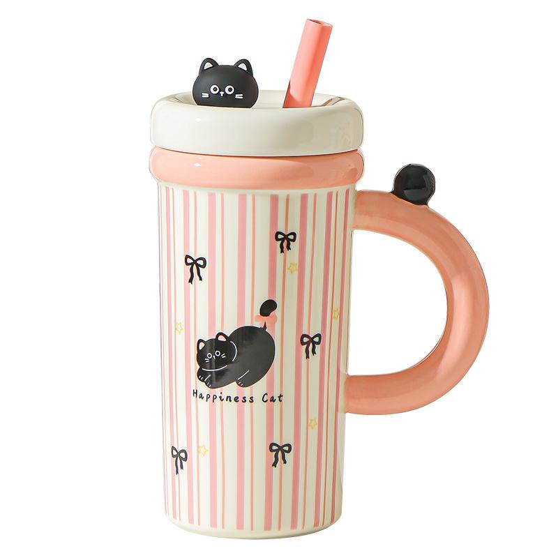 Large Capacity Cartoon Straw Cup with Lid Cute Mug High value Kitten Animal Ceramic Cup Set Gift