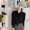 Blue Bowknot Shirt With Satin Fabric And Tie Detail For Office Women