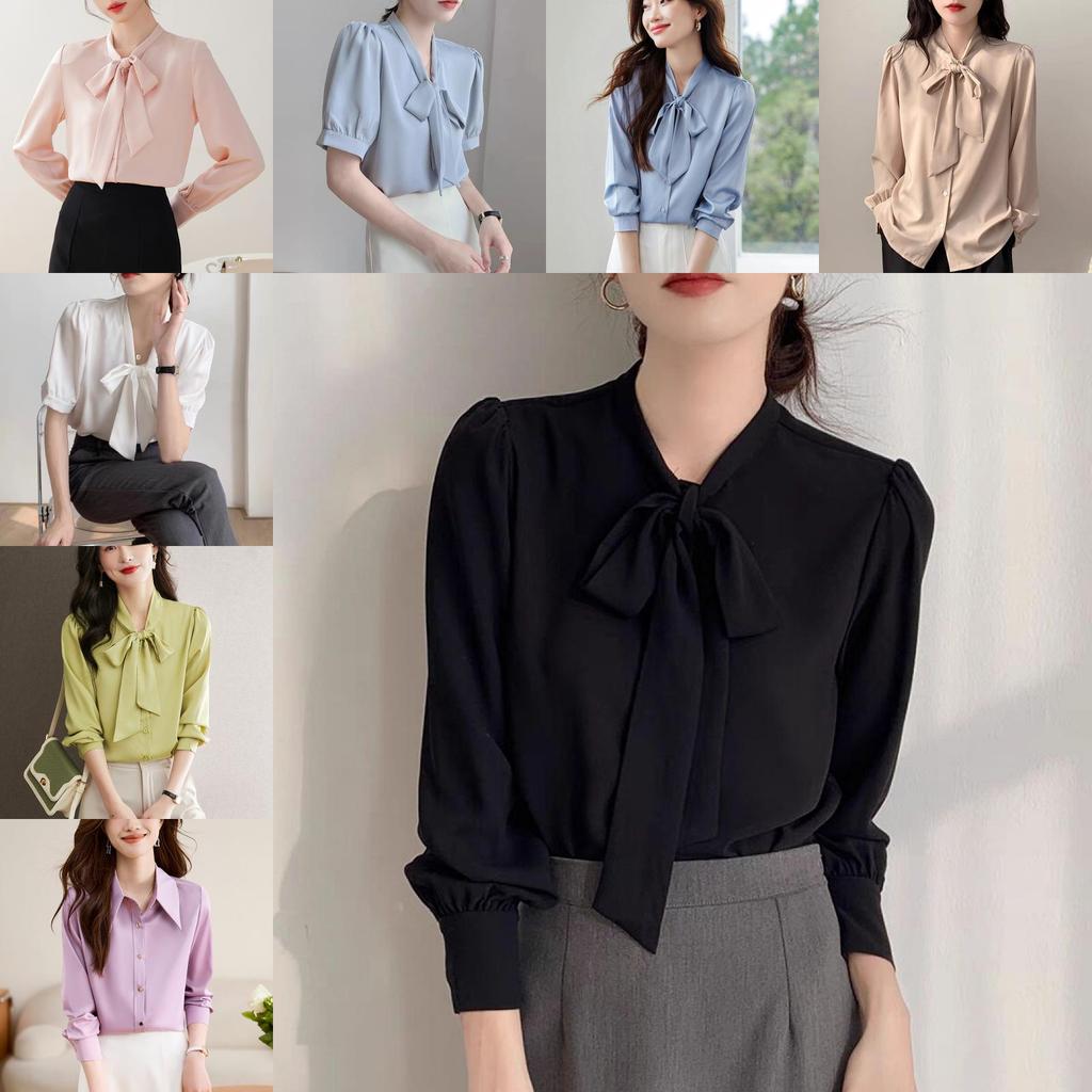 Blue Bowknot Shirt With Satin Fabric And Tie Detail For Office Women