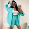 Women's Loose Two-piece Matching Set Long Sleeve Button Shirt Drawstring Waist Shorts Solid Summer Tracksuit