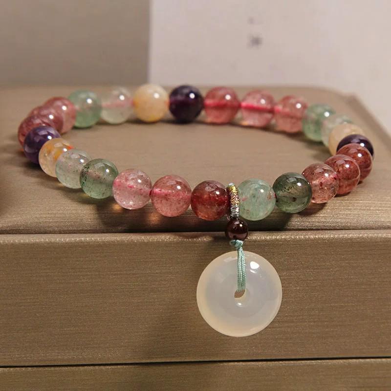 Exquisite Rainbow Strawberry Crystal Bracelet with Chalcedony Peace Pendant - Light Luxury for Women