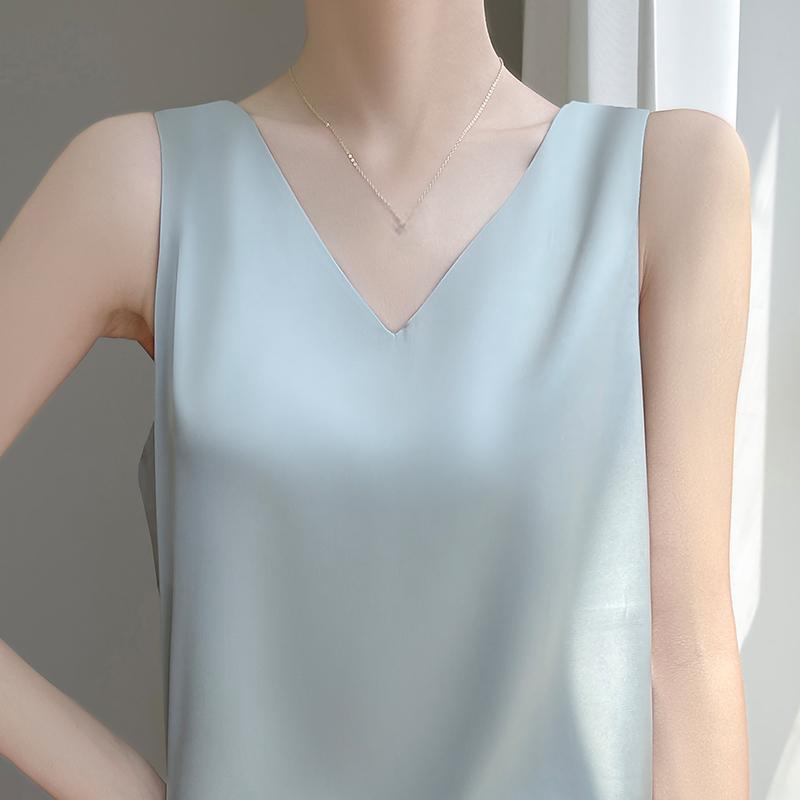 

Летний женский жилет, новый ледяной шелк, шелковый слинг, 50% шелк, 50% полиэстер, смешанное волокно, дышащая, маленькая рубашка L оливин