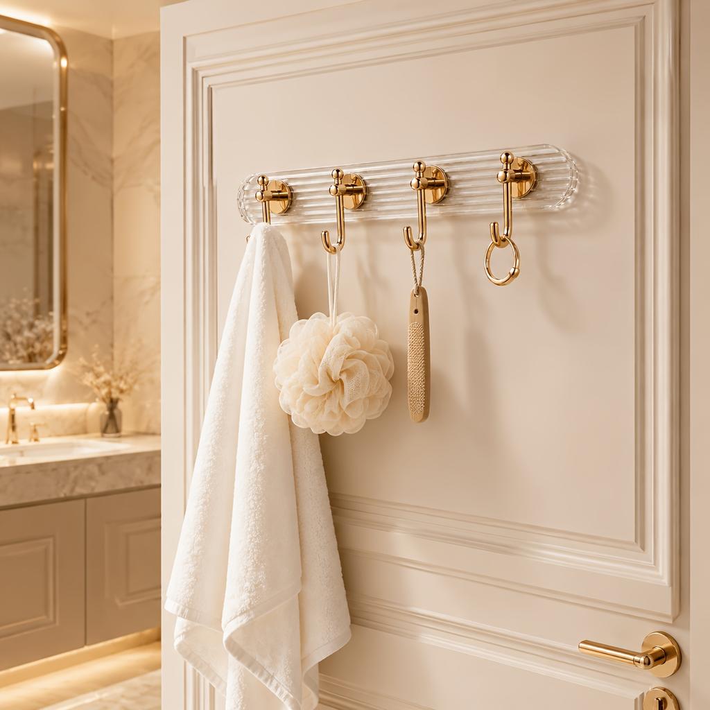No-Drill Adhesive Wall-Mounted Hook, Acrylic Rose Golden Towel And Clothing Rack, Transparent Base Design, Suitable for Bathroom