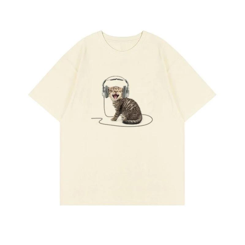 Top Style Noble Cat Love Music T-shirt Cute Cat Print Short Sleeve T-shirt Men's Harajuku Fashion Couple Loose Street Style Y2K