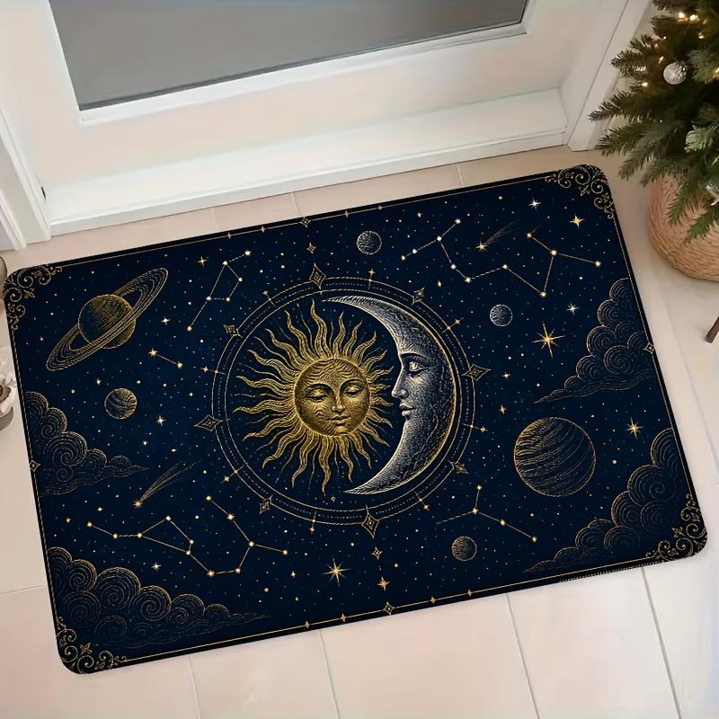 Retro Sun Star Chart Starry Sky Flannel Mat Home Entrance Door Hallway Anti-Slip Foot Mat Bedroom Bathroom Absorbent Rug 1pc