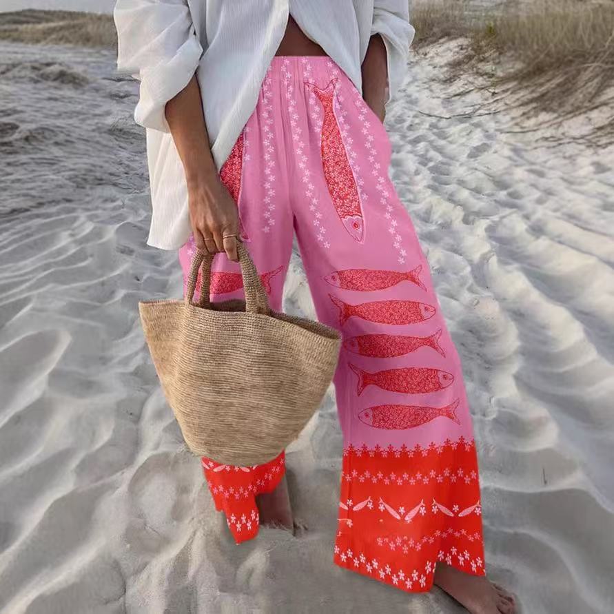 2026 new European and American creative fish shading casual trousers loose sports wide-leg trousers marine elements casual trousers S