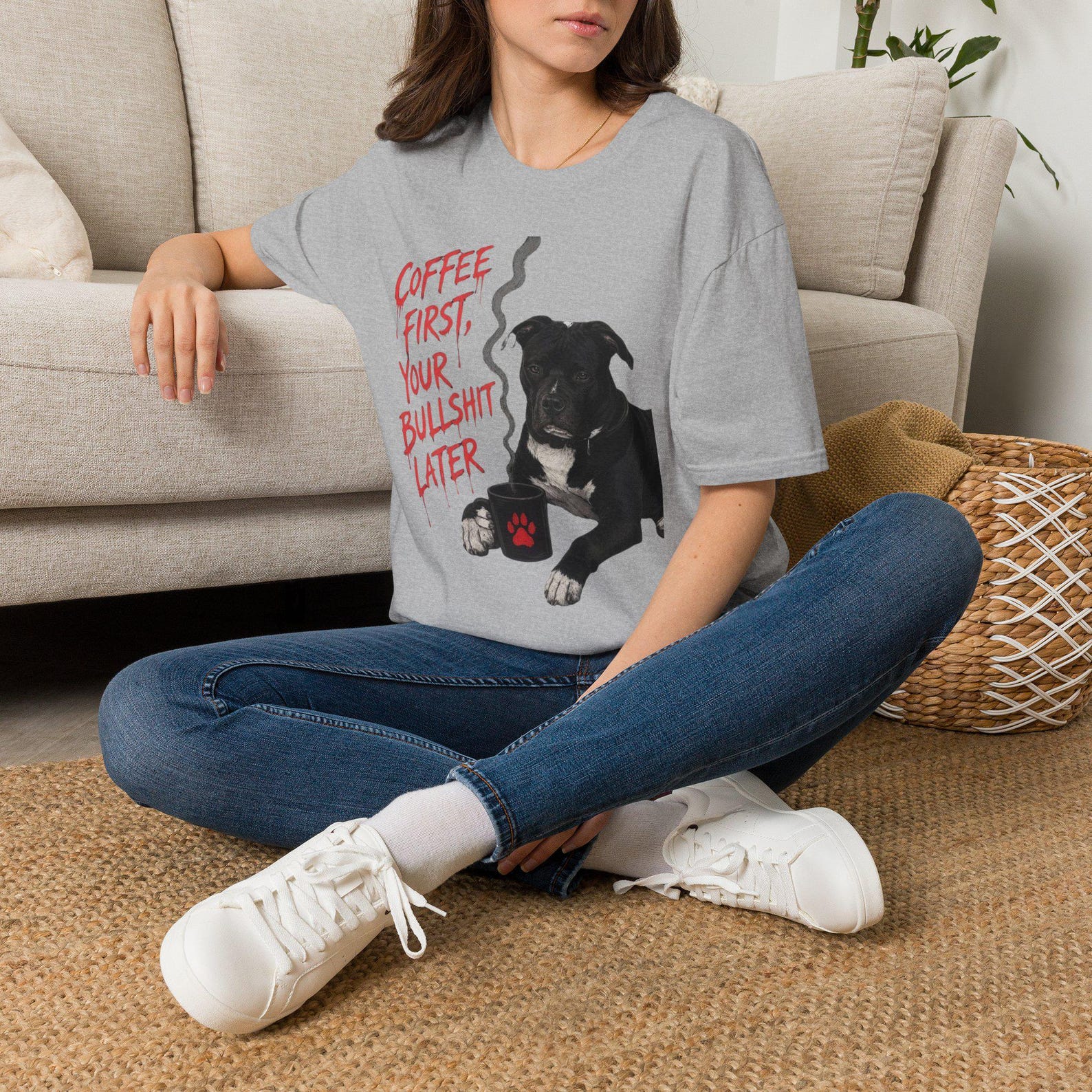 Funny Pitbull Coffee, Coffee First Bullshit Later, Pit Bull Mom Gift, Sarcastic Dog Lover T-Shirt, Dog Dad Graphic Tee, Coffee Lover Shirt XL