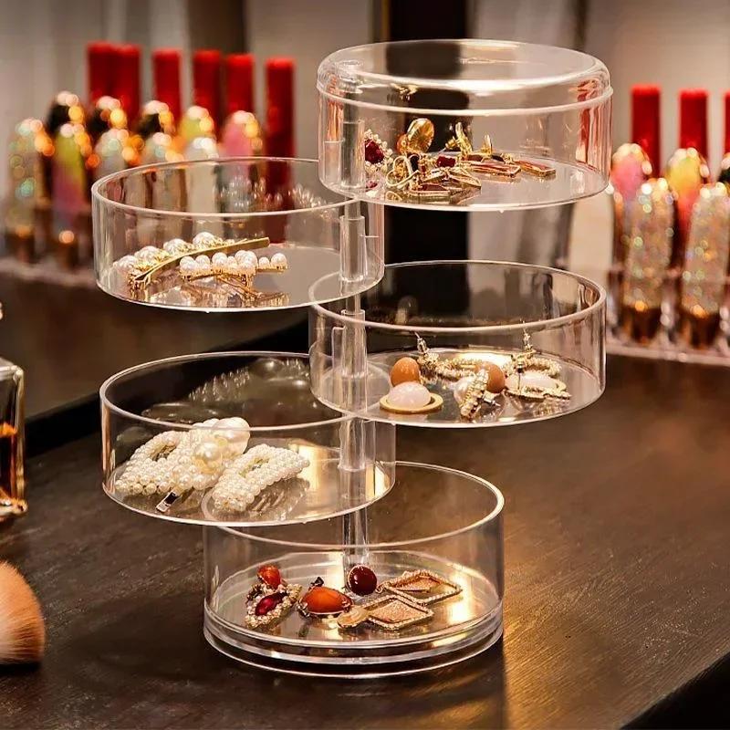Rotating Jewelry Storage Box for Makeup Storage Rack Bracelet Earring Round Plastic Organizer Box Holder Display Rack with Cover