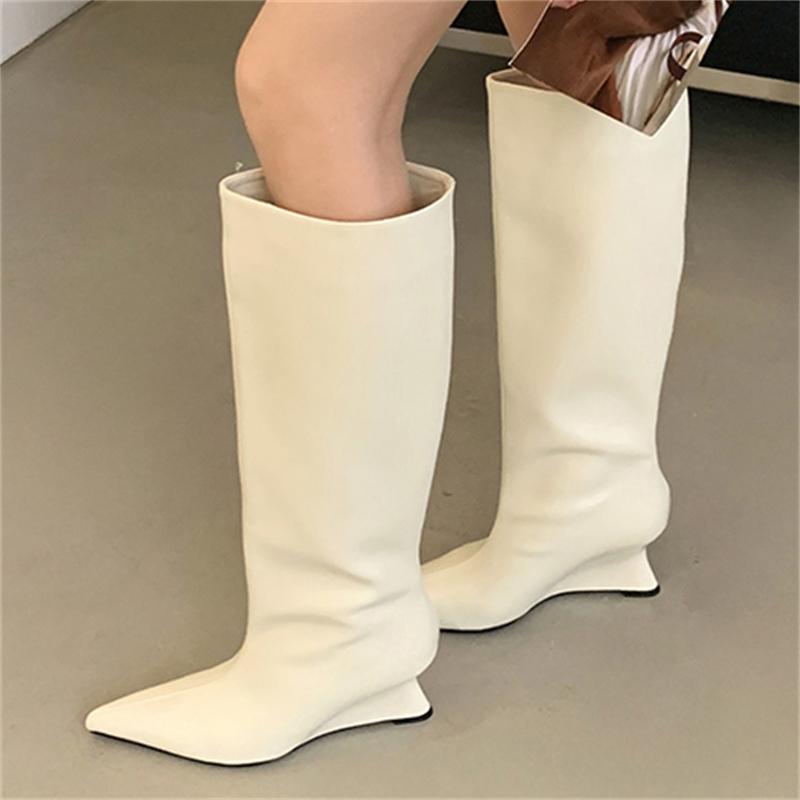 Eilyken Winter Designer Soft Leather Wedges Low Heels Women Knee High Boots Fashion Pointed Toe Long Booties Botines De Mujer
