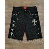 High Street Hip Hop Rhinestone Cross Straight Denim Knee Length Shorts
