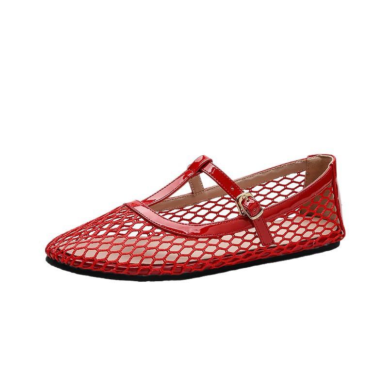 Fishnet Ballet Flats for Women Comfort Dressy Shoes With Ankle Strap Summer Round Closed Toe Mary Jane Shoes Women's Casual Non-Slip Mary Jane Flats