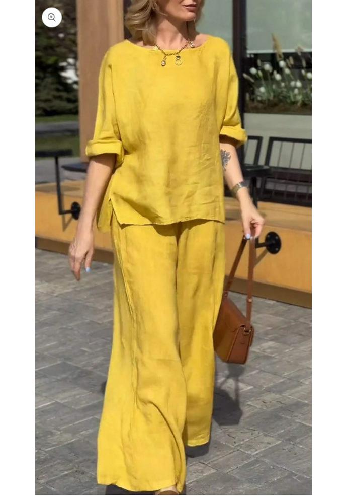 

2025 Women s Cotton Linen Two-Piece Set: Solid Color, Loose Casual Long Pants 3XL жовтий