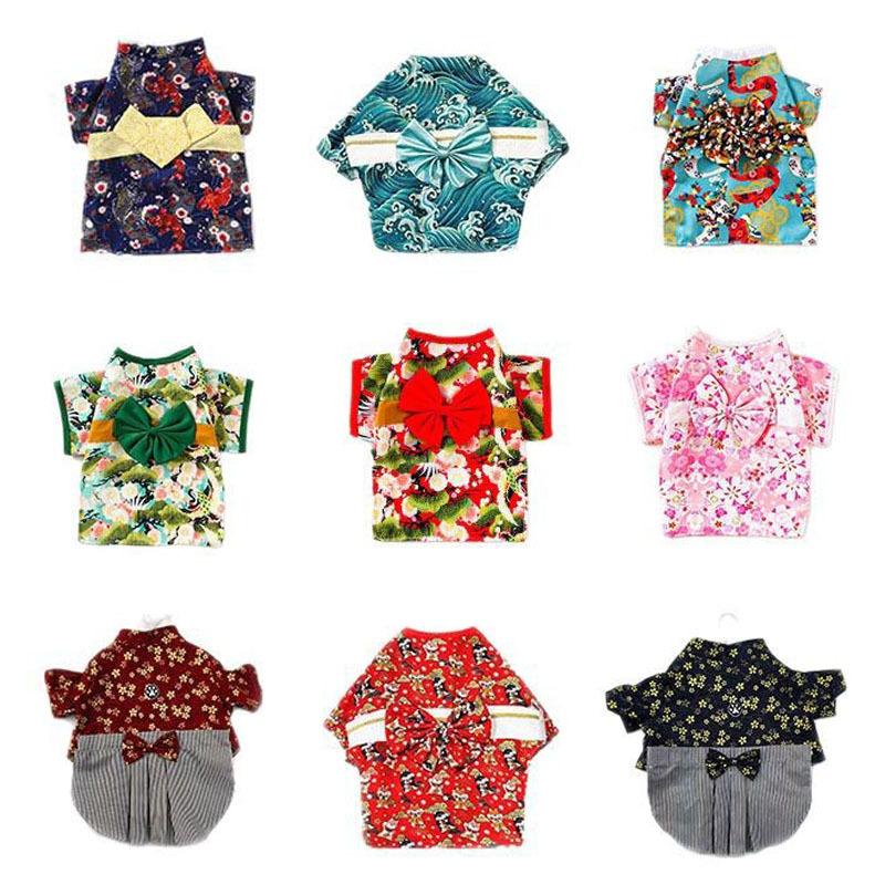 Japanese Kimono Dog Cat Clothes Fall Winter, Warm Fleece Shiba Inu Corgi Coat, Traditional Floral Print Pet Costume
