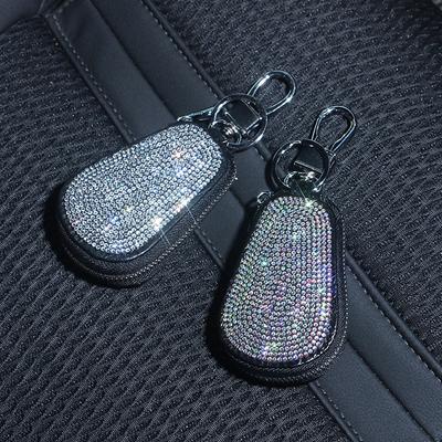 Bling Bling Rhinestone Car Key Chain Case Premium Leather Coin Holder Zipper Case Remote Wallet Bag Car Accessories for Women