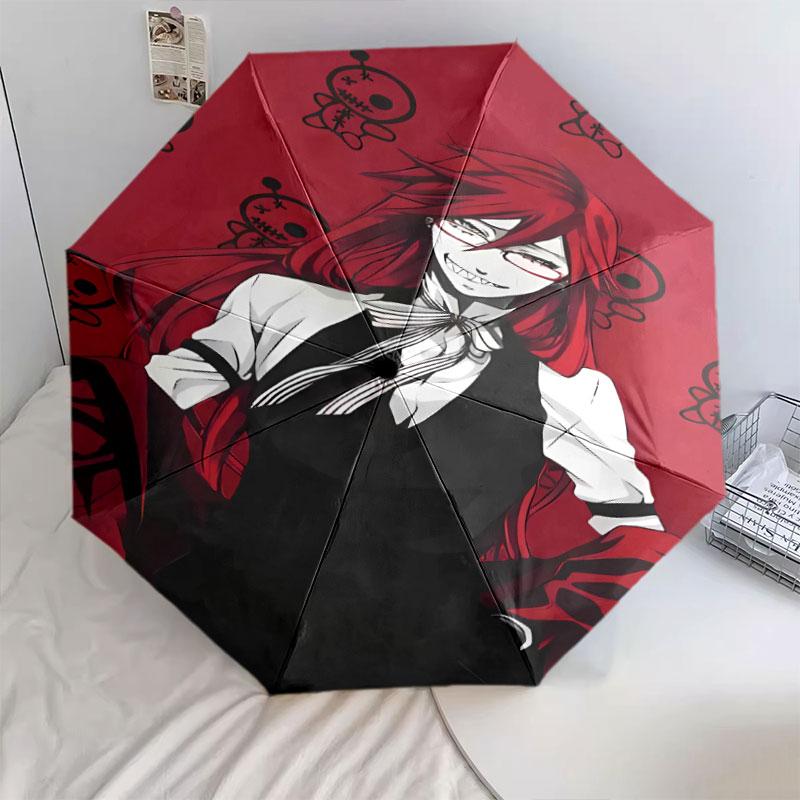 1 PC Automatic Folding Umbrella - Black Butler Pattern Portable Foldable Design With 8 Ribs Christmas Birthday Gifts